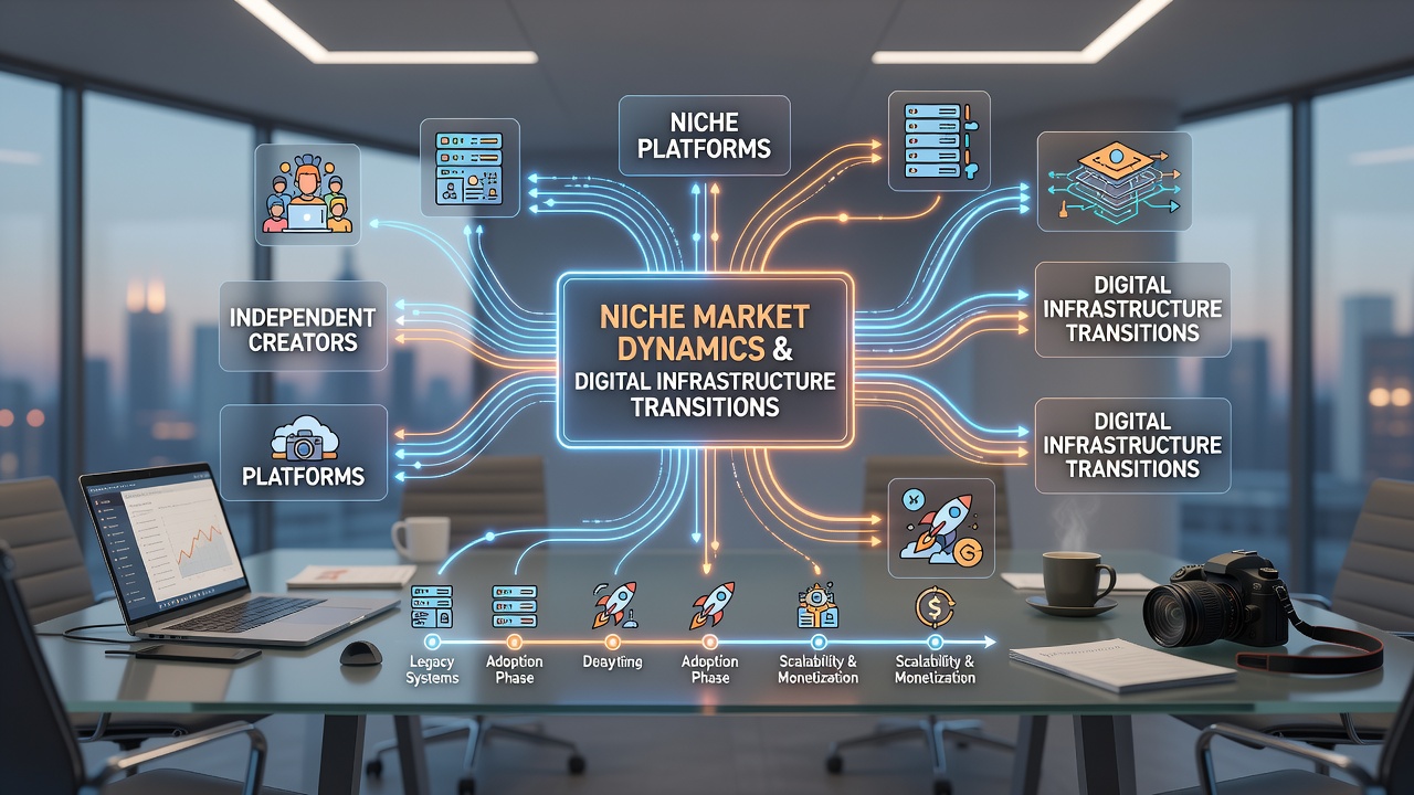 Illustration of niche creator communities adapting to cloud and platform infrastructure changes